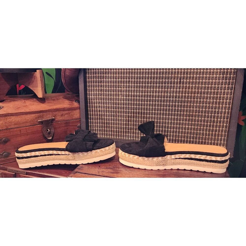 Black Bow Espadrille Platform Sandals Size 9  Jute Sole & White Rubber Bottoms